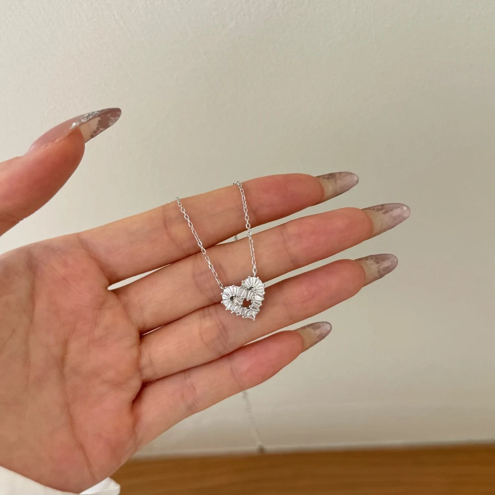 Delicate Design 925 Sterling Silver Hypoallergenic Link Chain Baguette Stone 5A Cubic Zirconia Heart Pendant Necklaces