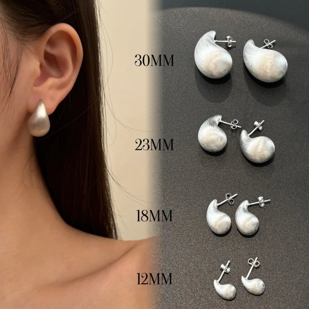 Fashion Statement Design  S925 Silver Waterdrop Shape Brushed Surface Multiple Size Stud Earrings for Women Accessories