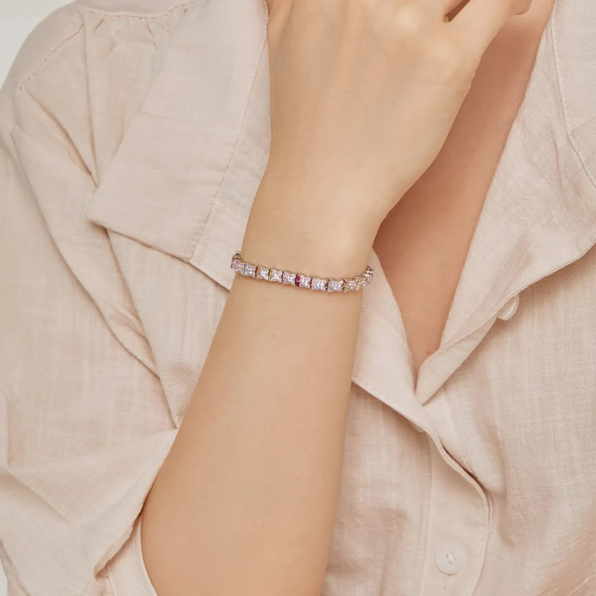 Best Sell Fine Jewelry Multi-Color S925 Silver Rainbow 5A Cz Cubic Zirconia Stone  Tennis Chain Bracelets Women
