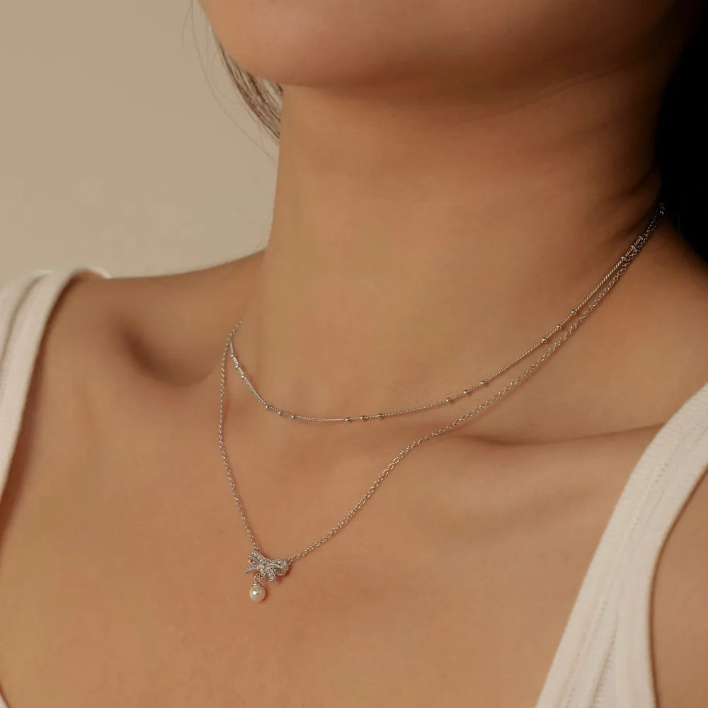 Wholesale Cubic Zirconia Bow Necklace Elegant Sweet Double-Layer Clavicle Chain 925 Silver 18K Gold Plated Necklaces Women