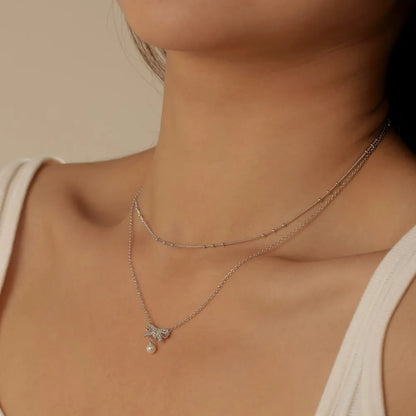 Wholesale Cubic Zirconia Bow Necklace Elegant Sweet Double-Layer Clavicle Chain 925 Silver 18K Gold Plated Necklaces Women