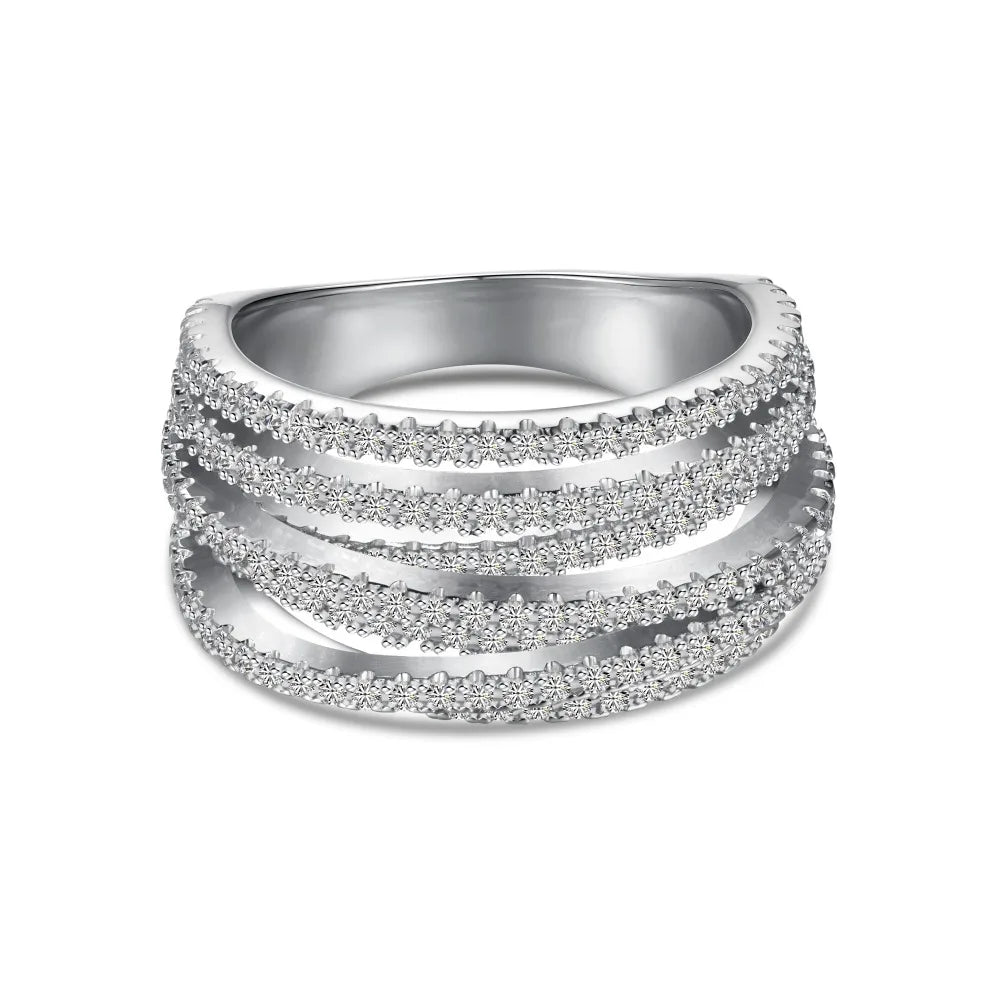 Stylish Trendy S925 Silver Jewelry Manufacturer Rhodium Plated Multiple Layer Geometric 5A Zirconia Women Jewelry Rings