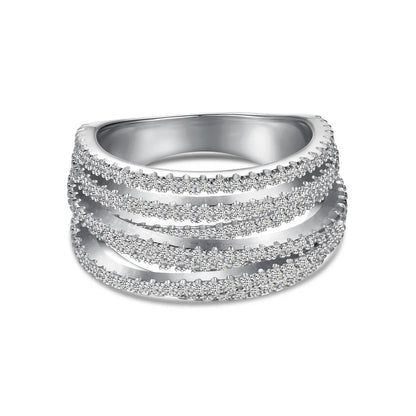 Stylish Trendy S925 Silver Jewelry Manufacturer Rhodium Plated Multiple Layer Geometric 5A Zirconia Women Jewelry Rings