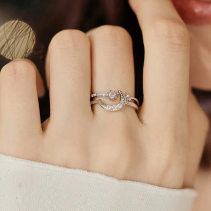 Good Christmas Xmas Festival Gift Presents Jewellery S925 Silver Double Layer Moon Crescent Star 5A Zirconia Jewelry Rings