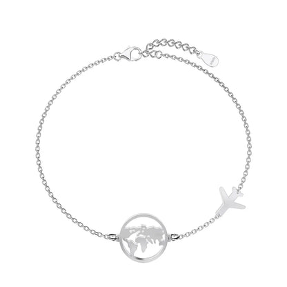 Dylam Trendy S925 Silver Simple World Map Bracelet Globe Bracelet Charm Travel Chain Jewelry Earth Airplane Bracelets for Women