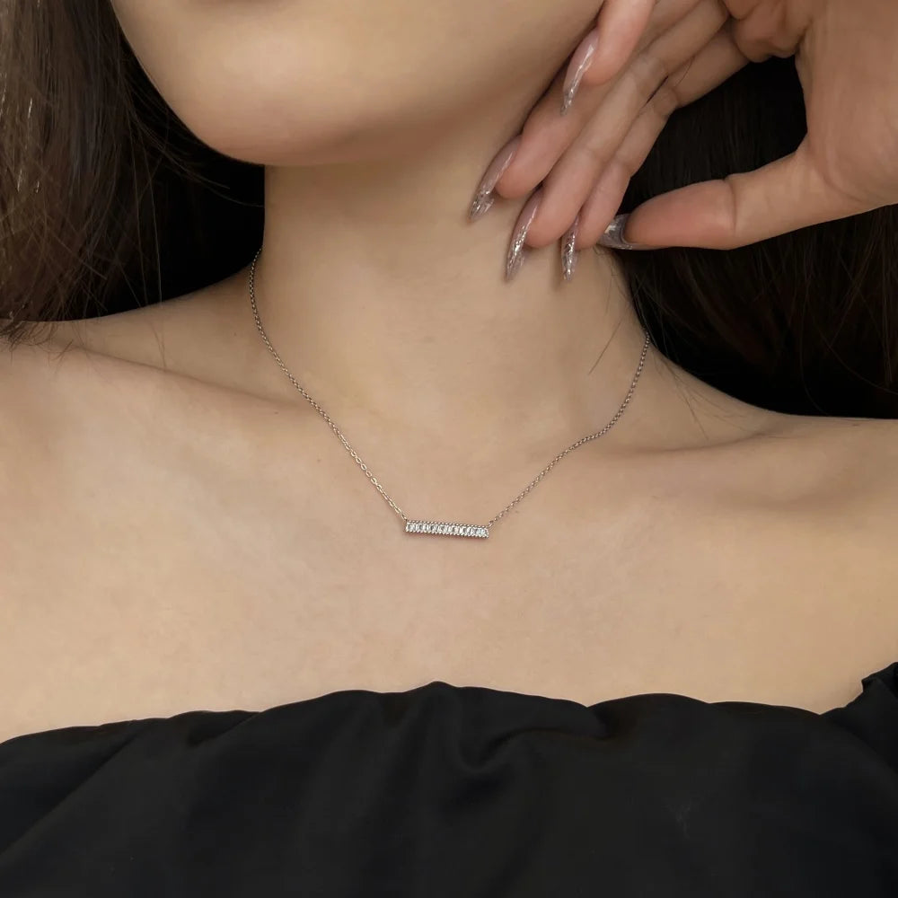 New Design 925 Silver Fine Jewelry 18K Gold Plated Rectangle Necklace Bling Cz Elegant Long Bar Pendant Necklaces for Women