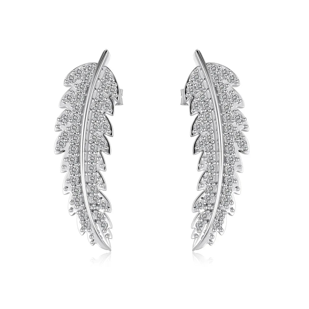 Fine Jewelry Supplier 925 Sterling Silver Non Tarnish Feather 5A Grade Cubic Zirconia Leaf Shape Stud Earrings for Women