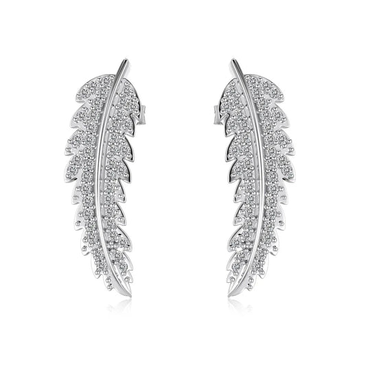 Fine Jewelry Supplier 925 Sterling Silver Non Tarnish Feather 5A Grade Cubic Zirconia Leaf Shape Stud Earrings for Women
