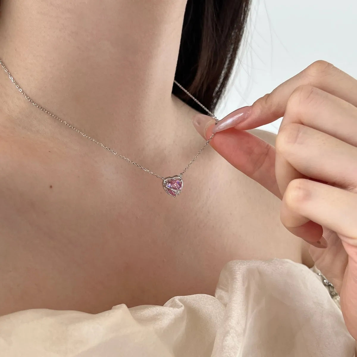 Cz Cubic Zirconia Chain Link Necklace Shiny S925 Silver Pendant Pink Heart Shape Necklaces for Women Party Jewelry Gift