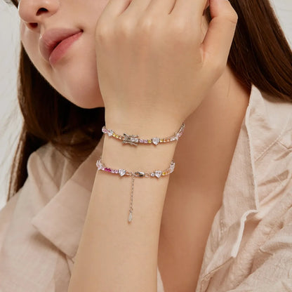 Korean Trendy Multi Color S925 Silver Pink  Bracelet Bling Cz Cubic Zircon Pear Shape Bracelets for Women Jewelry