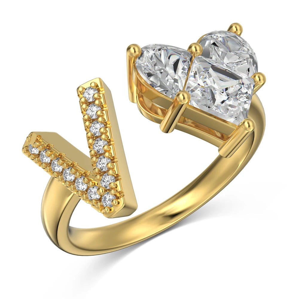 Personalized Statement Dress up Jewelry Rings S925 Silver 26 A-Z Initial Letter V Heart 5A Cubic Zirconia Open Rings
