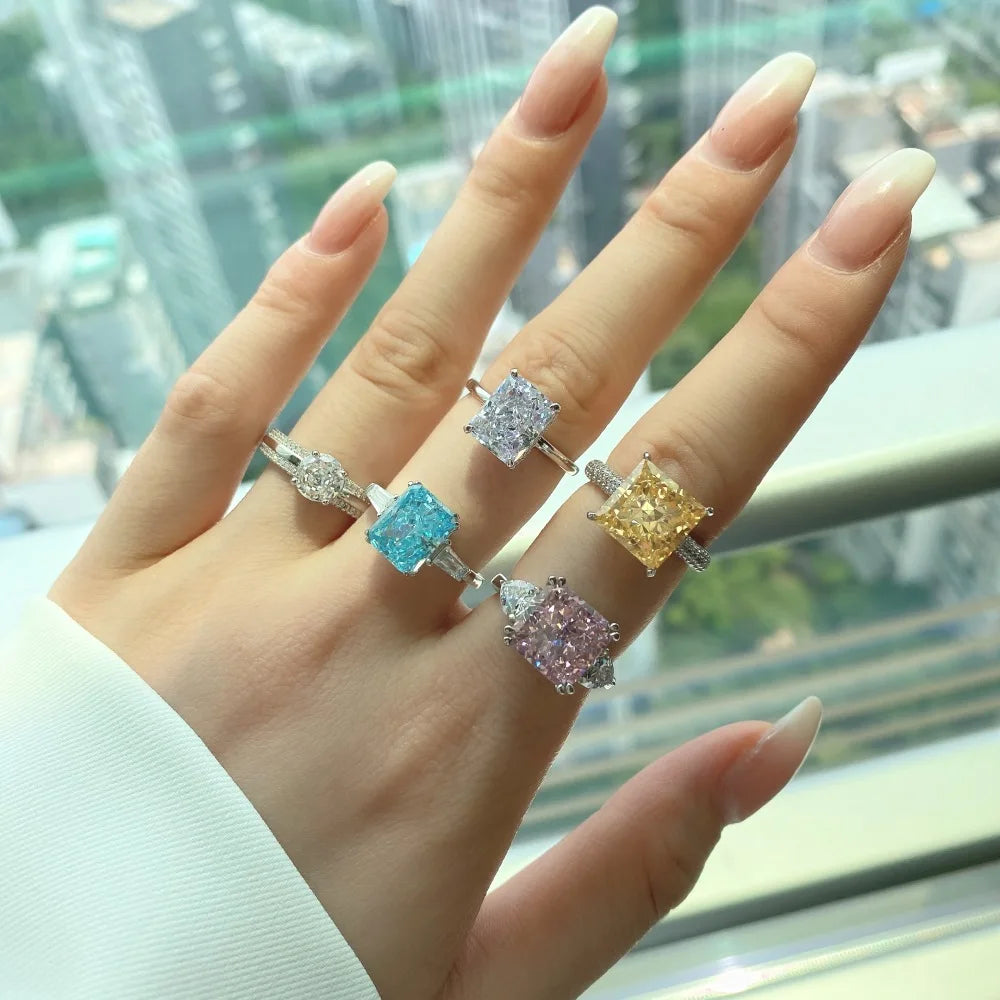 Luxury S925 Silver Crushed Ice Out Cut Super Shining Bright Cut  8A Zirconia Rectangle Engagement Ring for Women