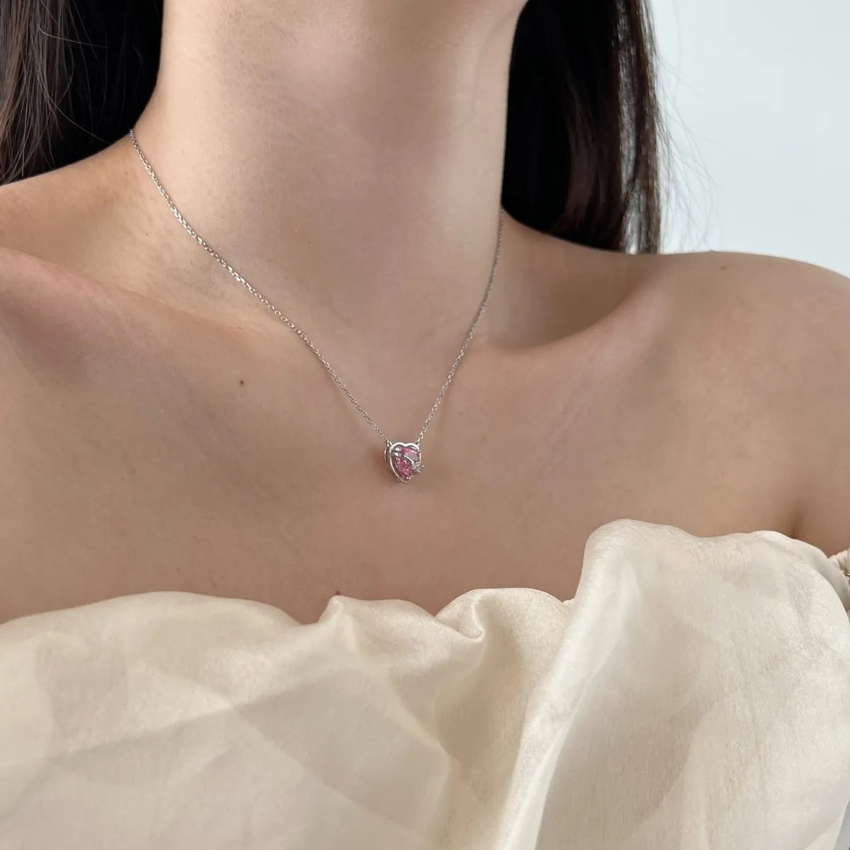Cz Cubic Zirconia Chain Link Necklace Shiny S925 Silver Pendant Pink Heart Shape Necklaces for Women Party Jewelry Gift