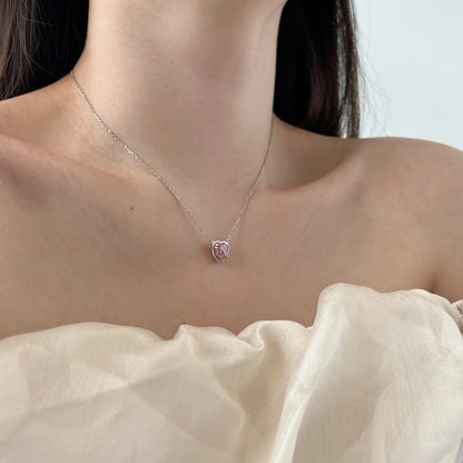 Cz Cubic Zirconia Chain Link Necklace Shiny S925 Silver Pendant Pink Heart Shape Necklaces for Women Party Jewelry Gift