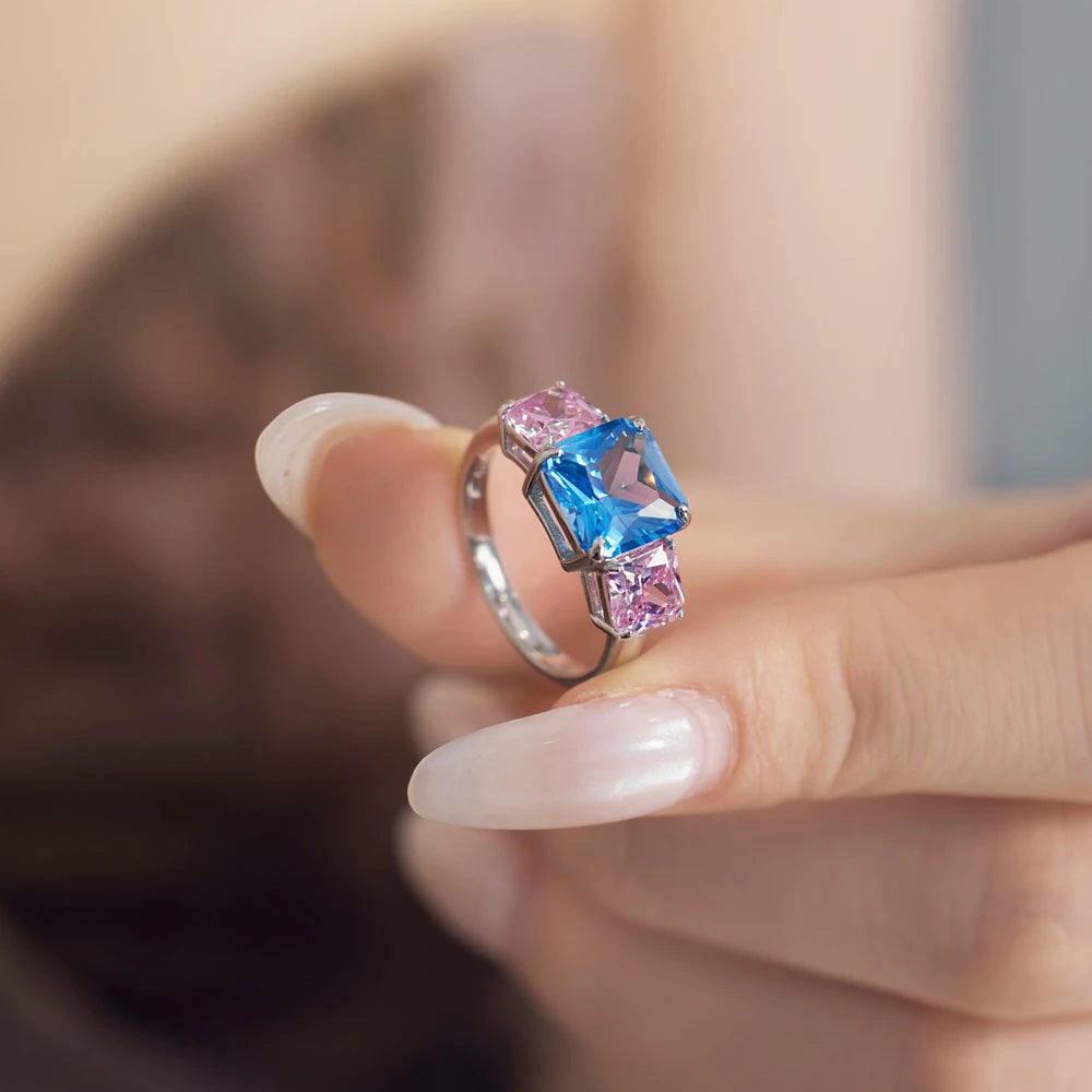 Luxurious Charm Women Fashion Fine Jewelry S925 Silver Non Tarnish Three Square 5A Cubic Zirconia Sapphire Jewelry Ring
