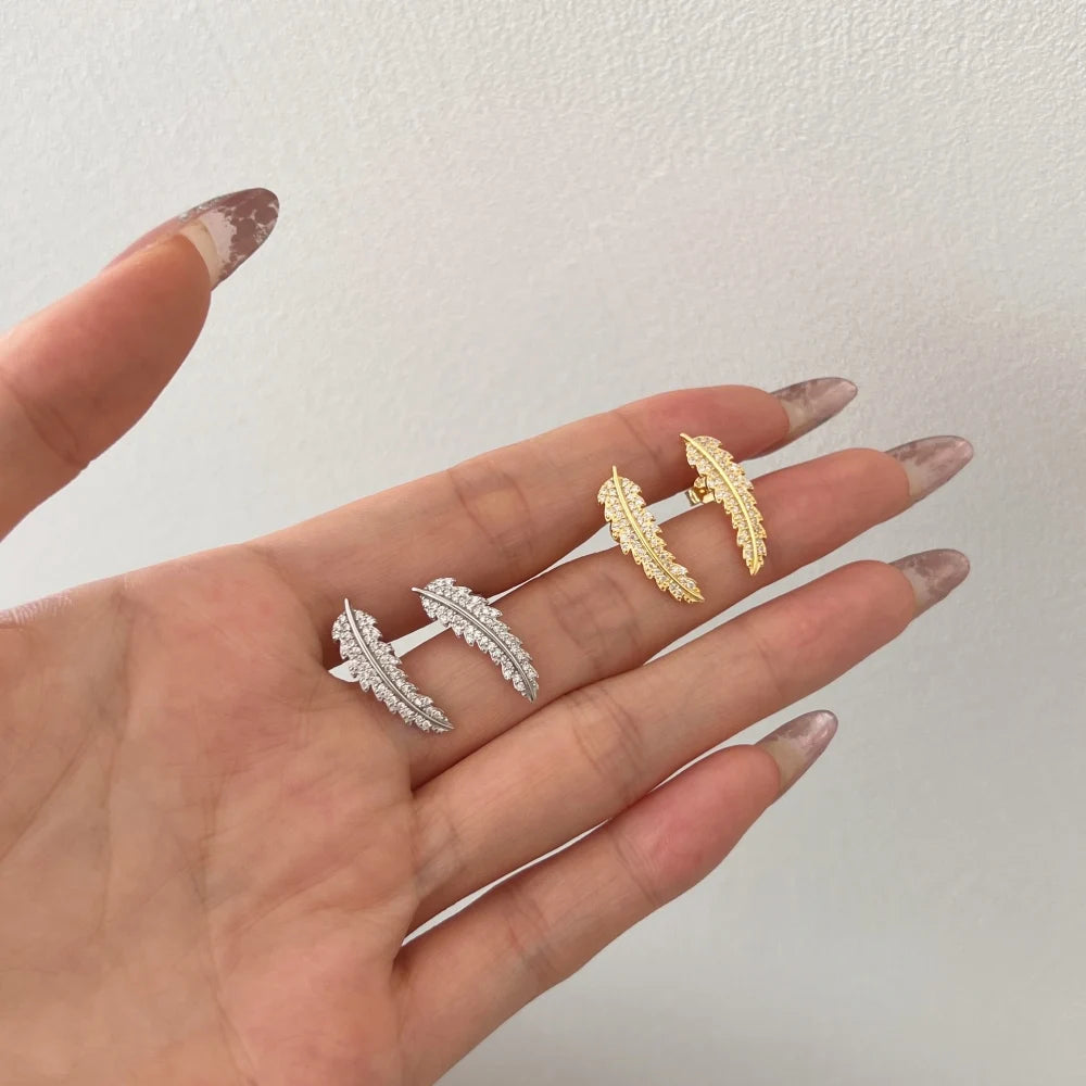 Fine Jewelry Supplier 925 Sterling Silver Non Tarnish Feather 5A Grade Cubic Zirconia Leaf Shape Stud Earrings for Women