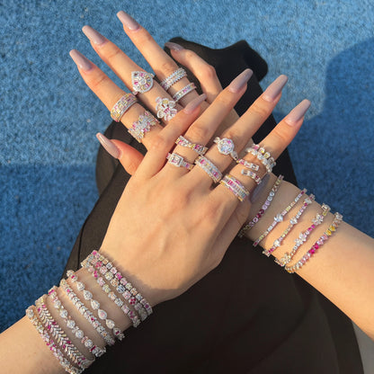 Korean Trendy Multi Color S925 Silver Pink  Bracelet Bling Cz Cubic Zircon Pear Shape Bracelets for Women Jewelry