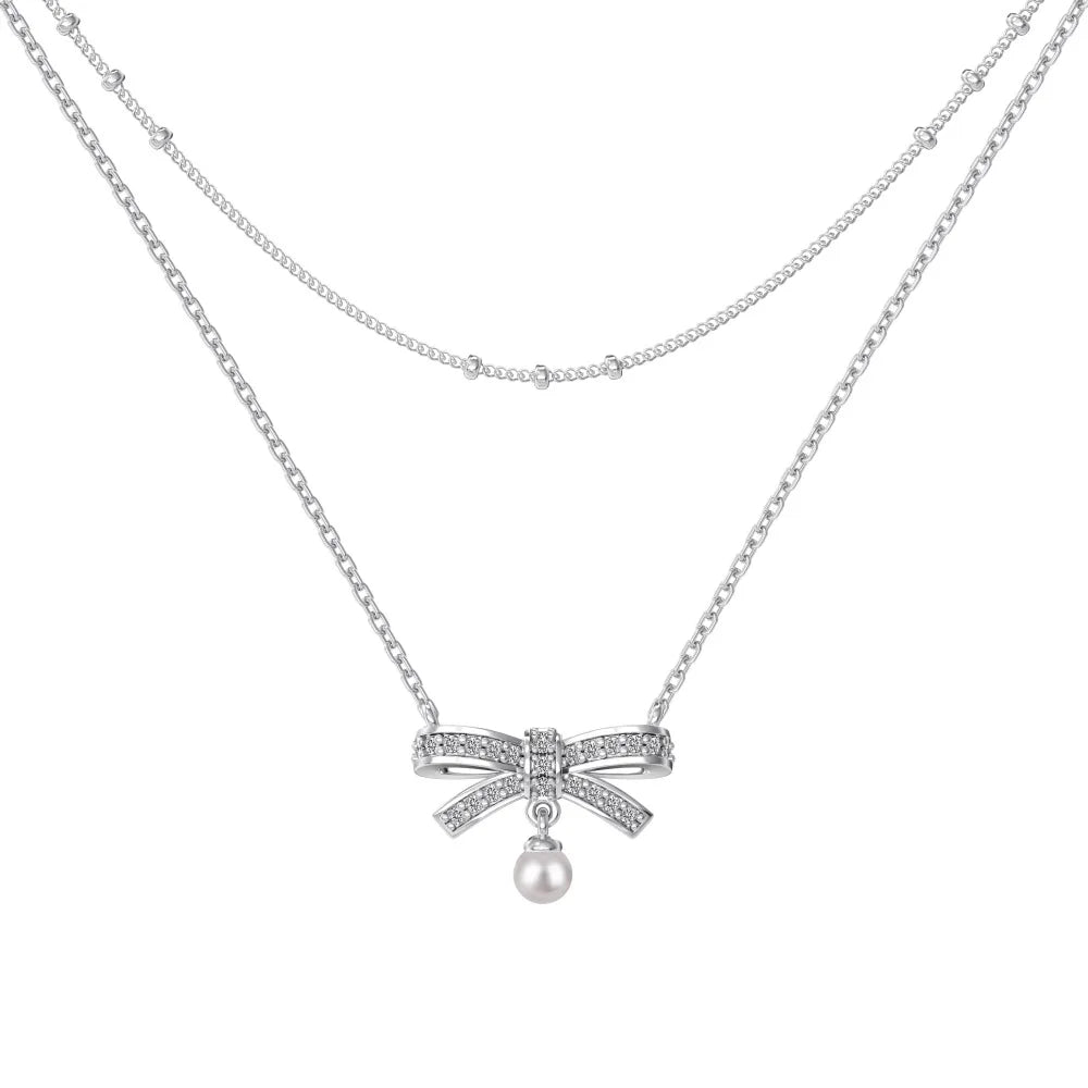 Wholesale Cubic Zirconia Bow Necklace Elegant Sweet Double-Layer Clavicle Chain 925 Silver 18K Gold Plated Necklaces Women