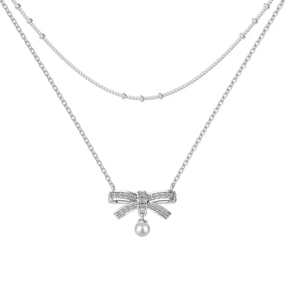 Wholesale Cubic Zirconia Bow Necklace Elegant Sweet Double-Layer Clavicle Chain 925 Silver 18K Gold Plated Necklaces Women