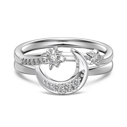 Good Christmas Xmas Festival Gift Presents Jewellery S925 Silver Double Layer Moon Crescent Star 5A Zirconia Jewelry Rings