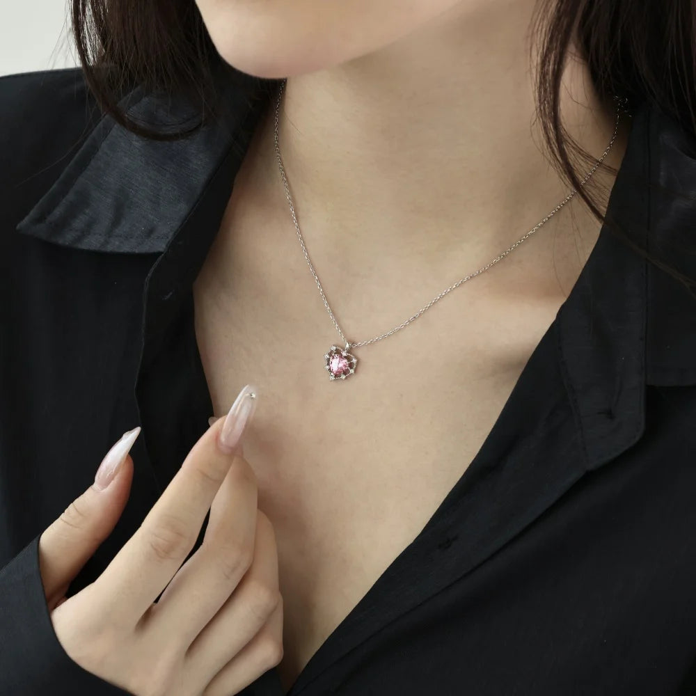 Pink Heart Pendant S925 Silver Necklace Jewelry Girl Sweet Cool Clavicle Chain Accessories Cz Zirconia Necklaces for Women
