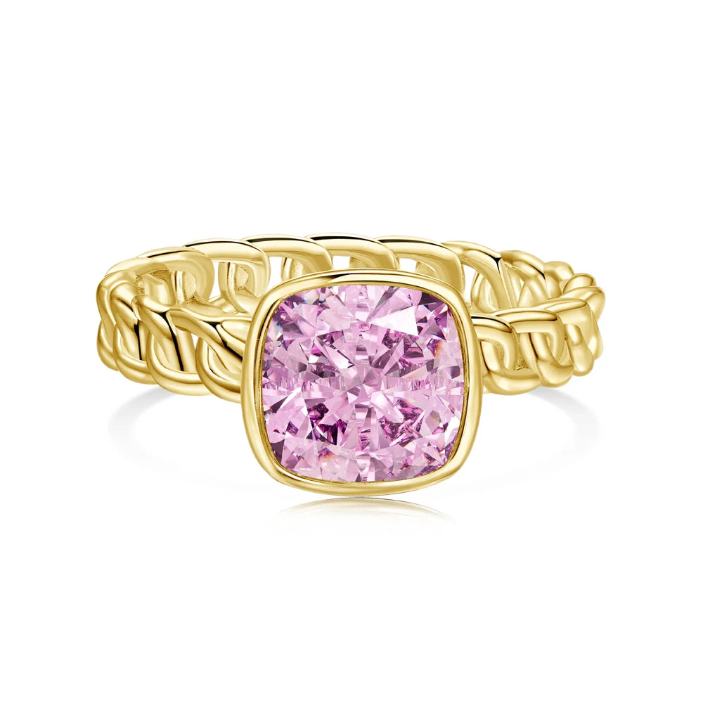 S925 Silver 18K Gold Plated Retro Vintage Cuban Chain Solitaire 8A Crushed Iced Out Cut Cubic Zirconia Jewelry Rings