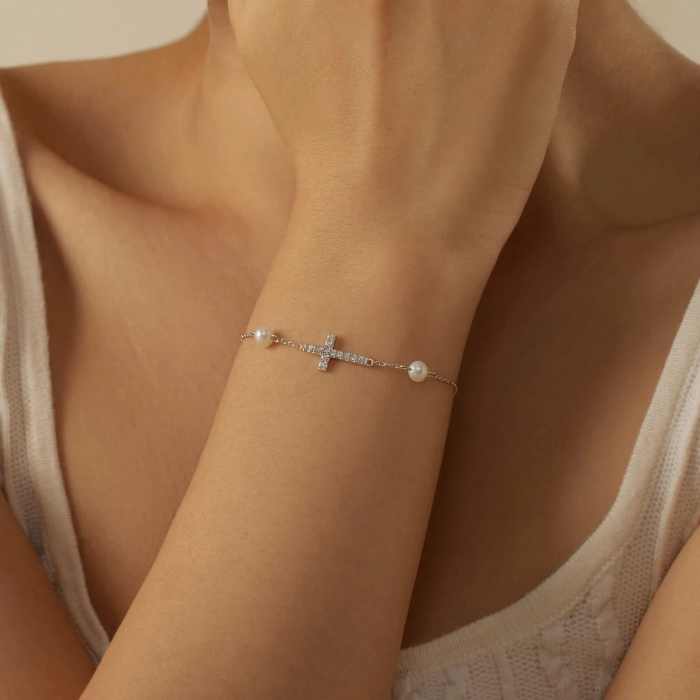 Vintage 18K Gold Plated Jewelry S925 Sterling Silver Bracelet Cz Zircon Cross Charms Freshwater Pearl Bracelets for Women