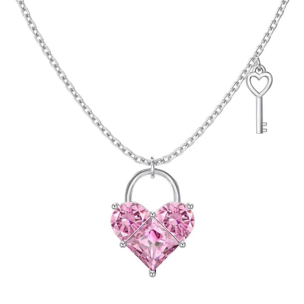 Cute New Design Women Dress up Jewelry S925 Silver Chain Pink 5A Cubic Zirconia Heart Key Pendant Necklaces Jewellery