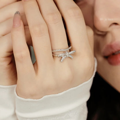 Trendy Design Christmas Xmas Jewelry Gift 925 Sterling Silver Double Layers Bow-knot 5A Cubic Zirconia Shiny Jewelry Rings