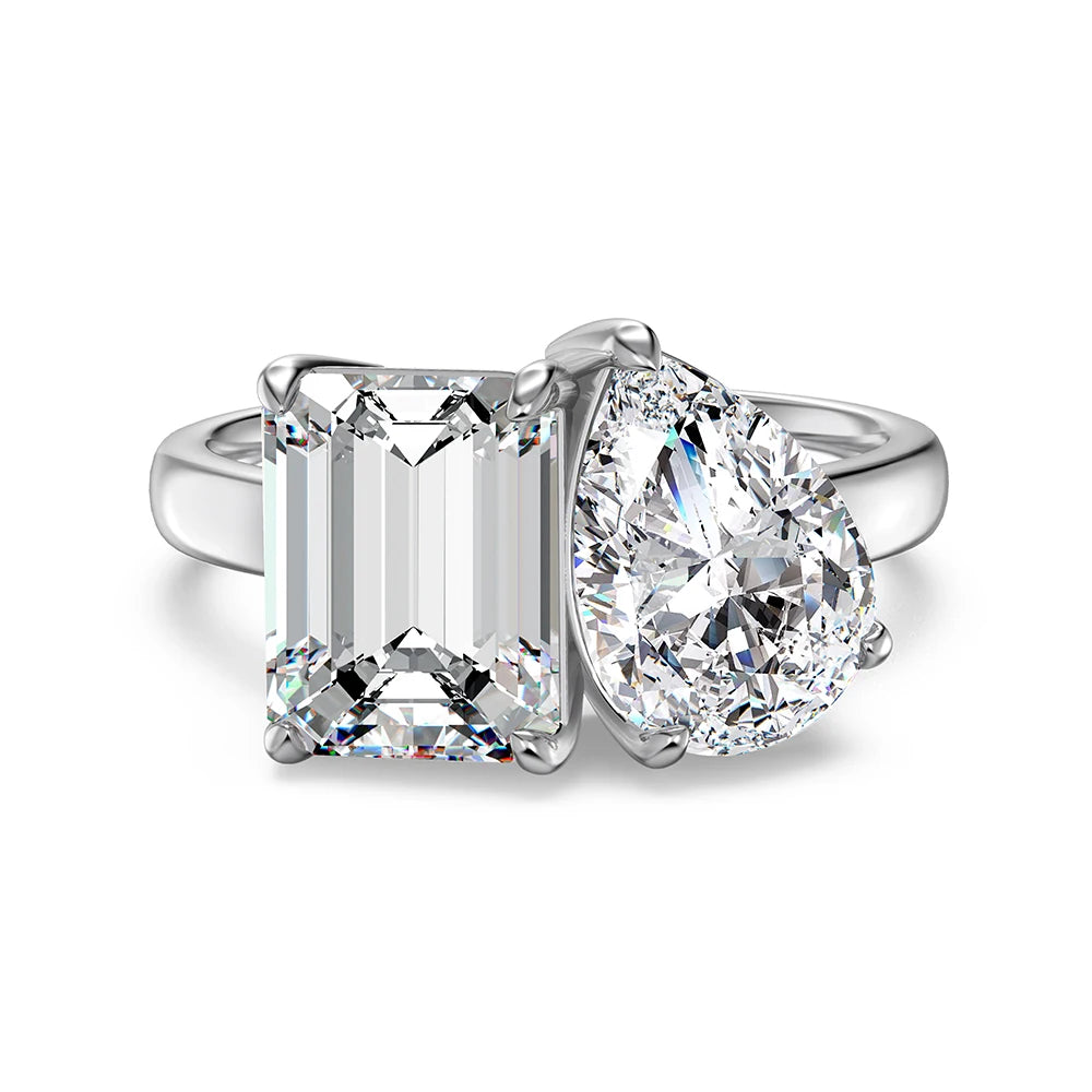 Sterling Silver Rhodium Plated Rectangle Pear Shape Double Stone 5A Zirconia Wedding Engagement Band Ring