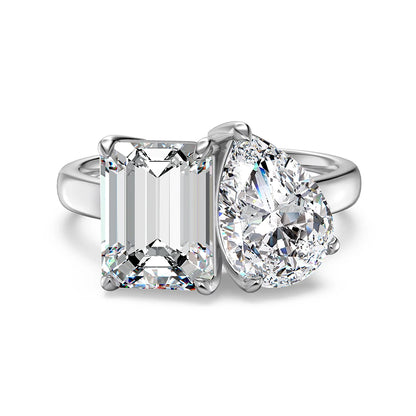 Sterling Silver Rhodium Plated Rectangle Pear Shape Double Stone 5A Zirconia Wedding Engagement Band Ring