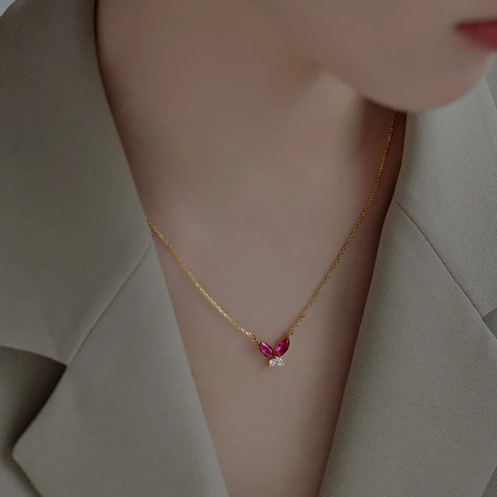 Non Tarnish Free Waterproof Choker Jewelry Cubic Zircon 18K Gold Plated Necklace 925 Silver Red Green Butterfly Necklaces Women