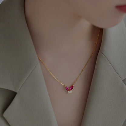 Non Tarnish Free Waterproof Choker Jewelry Cubic Zircon 18K Gold Plated Necklace 925 Silver Red Green Butterfly Necklaces Women