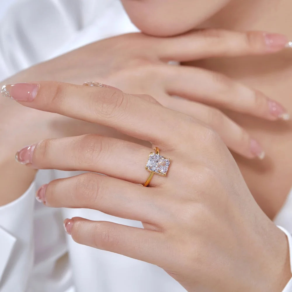 Luxury S925 Silver Crushed Ice Out Cut Super Shining Bright Cut  8A Zirconia Rectangle Engagement Ring for Women