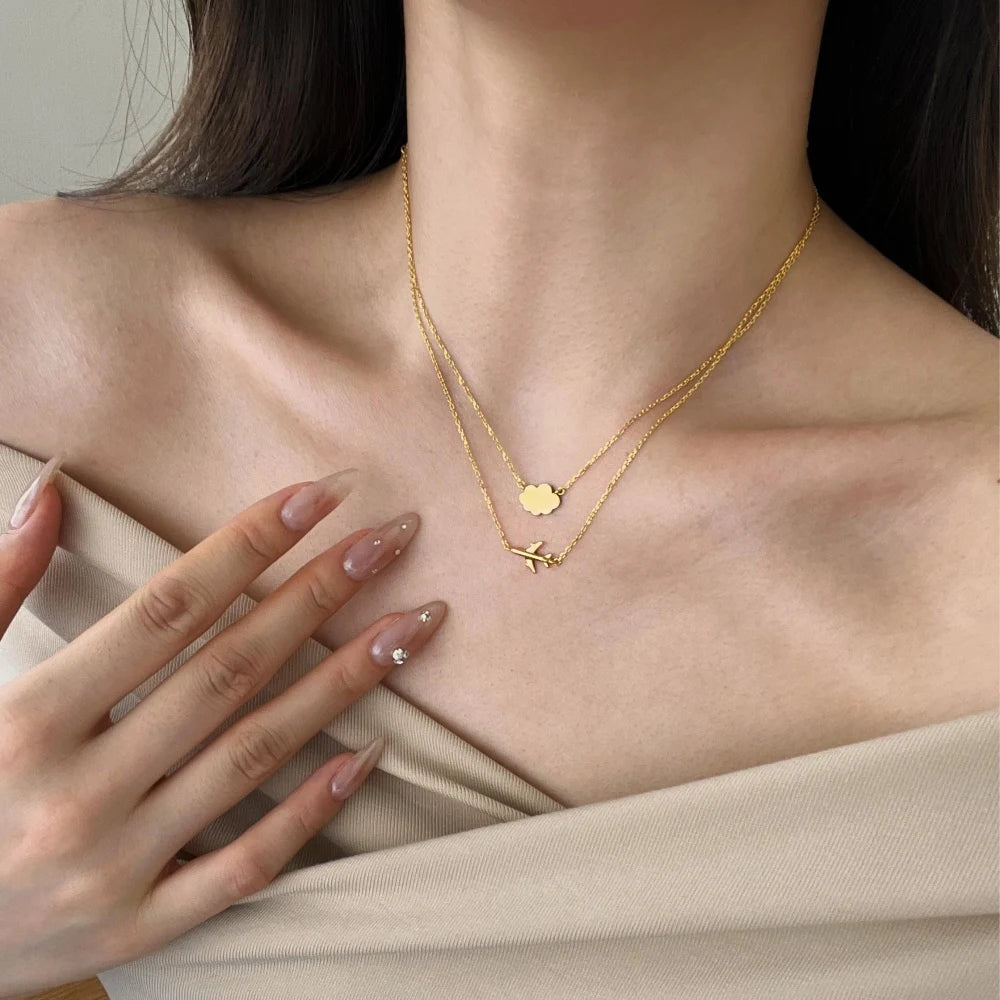 Hot Sale Creative Airplane Cloud Chain Pendant 18K Gold Plated Double Layered Necklace Exquisite S925 Silver Necklaces for Women