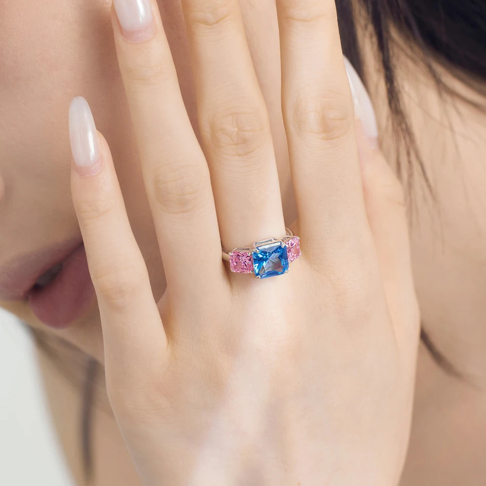 Luxurious Charm Women Fashion Fine Jewelry S925 Silver Non Tarnish Three Square 5A Cubic Zirconia Sapphire Jewelry Ring