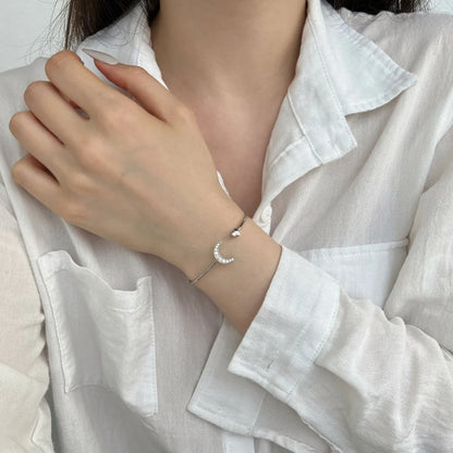 Simple S925 Sterling Silver Bangle Handmade 5A Cz Cubic Zirconia Heart and Moon Shaped Bracelet Cuff Bangles for Women