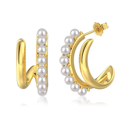Dainty Wholesale Zirconia Jewelry S925 Silver 18K Gold Plated Huggie Stud Earring Double C Shell Pearl Earrings for Women