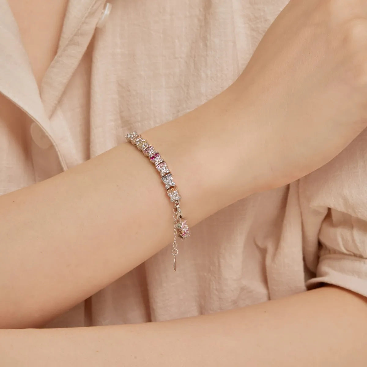 Best Sell Fine Jewelry Multi-Color S925 Silver Rainbow 5A Cz Cubic Zirconia Stone  Tennis Chain Bracelets Women