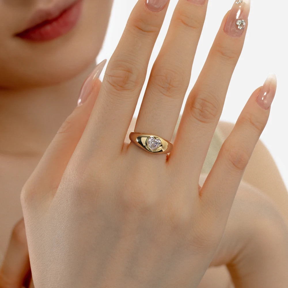 Personalized Design Women Girls Jewellery S925 Silver Gold Plated Chunky Polish Surface Heart Shape 5A Zirconium Rings