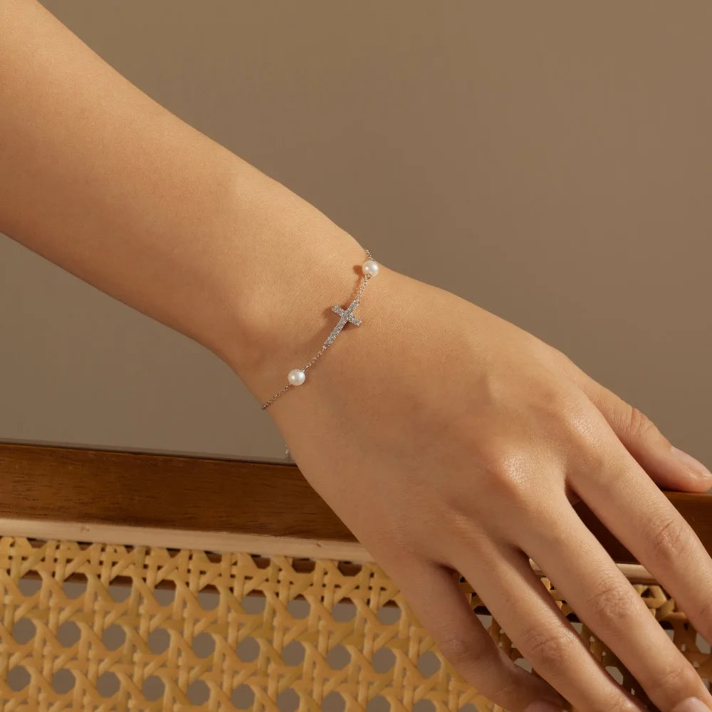 Vintage 18K Gold Plated Jewelry S925 Sterling Silver Bracelet Cz Zircon Cross Charms Freshwater Pearl Bracelets for Women
