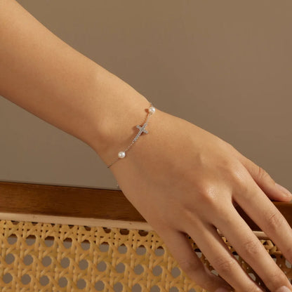 Vintage 18K Gold Plated Jewelry S925 Sterling Silver Bracelet Cz Zircon Cross Charms Freshwater Pearl Bracelets for Women