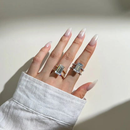 Dainty 925 Sterling Silver Rhodium 18K Gold Plated Double Layer Eternity Band Rectangle 5A Cubic Zirconia Jewelry Rings