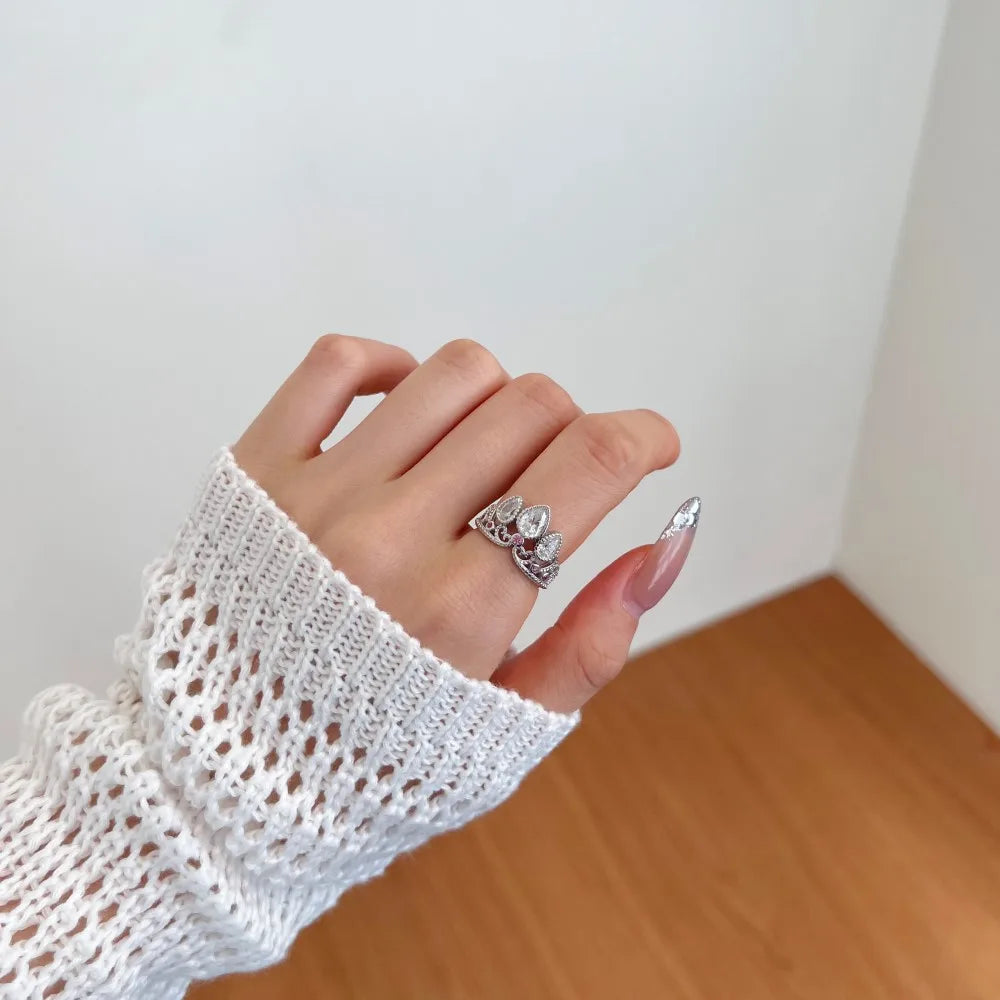 Luxurious Design Fine Top Jewellery 925 Silver Pear Circle Waterdrop Shape 5A Cubic Zirconia Princess Crown Women Rings