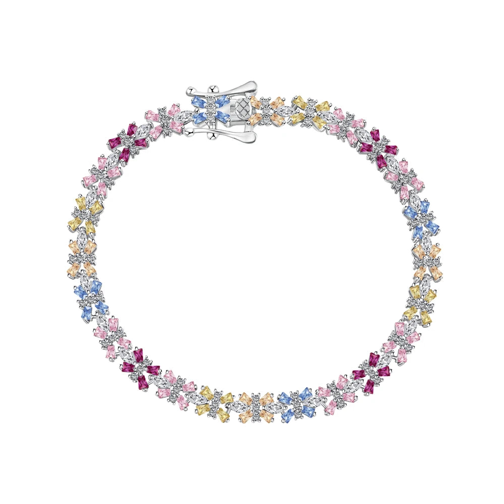 Wholesale Jewelry 18K Gold Plated S925 Sterling Silver Rainbow Bracelet Colorful Baguette  Tennis Bracelets Women