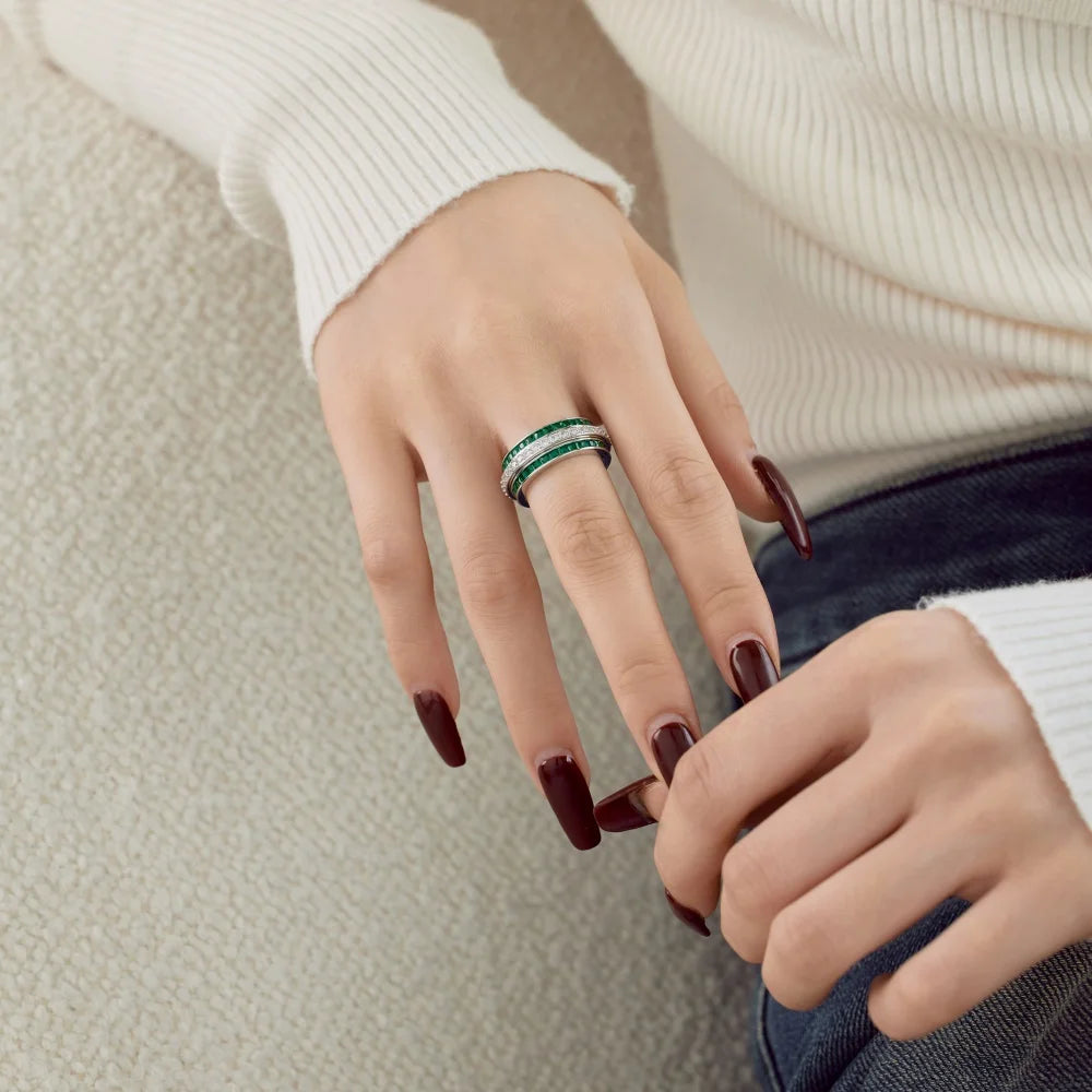 Statement Jewelry Solid Sterling Silver Rhodium Plated Three Layer 5A Zirconia Eternity Band Rotatable Baguette Rings