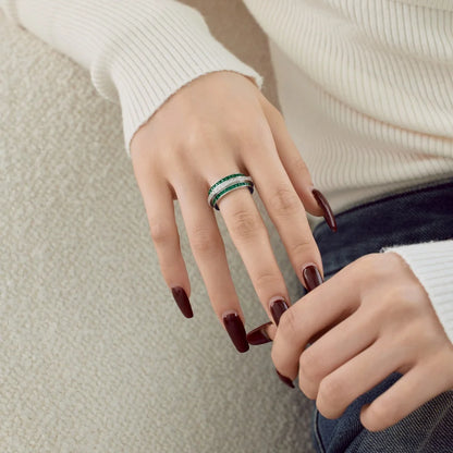 Statement Jewelry Solid Sterling Silver Rhodium Plated Three Layer 5A Zirconia Eternity Band Rotatable Baguette Rings