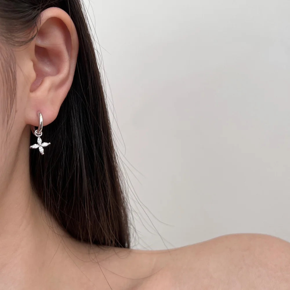 Delicate Simplicity Design Women Fine Jewelry S925 Silver 5A Zirconia Marquise Stone Flower Pendant Dangle Hoop Earrings