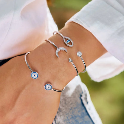 Simple S925 Sterling Silver Bangle Handmade 5A Cz Cubic Zirconia Heart and Moon Shaped Bracelet Cuff Bangles for Women