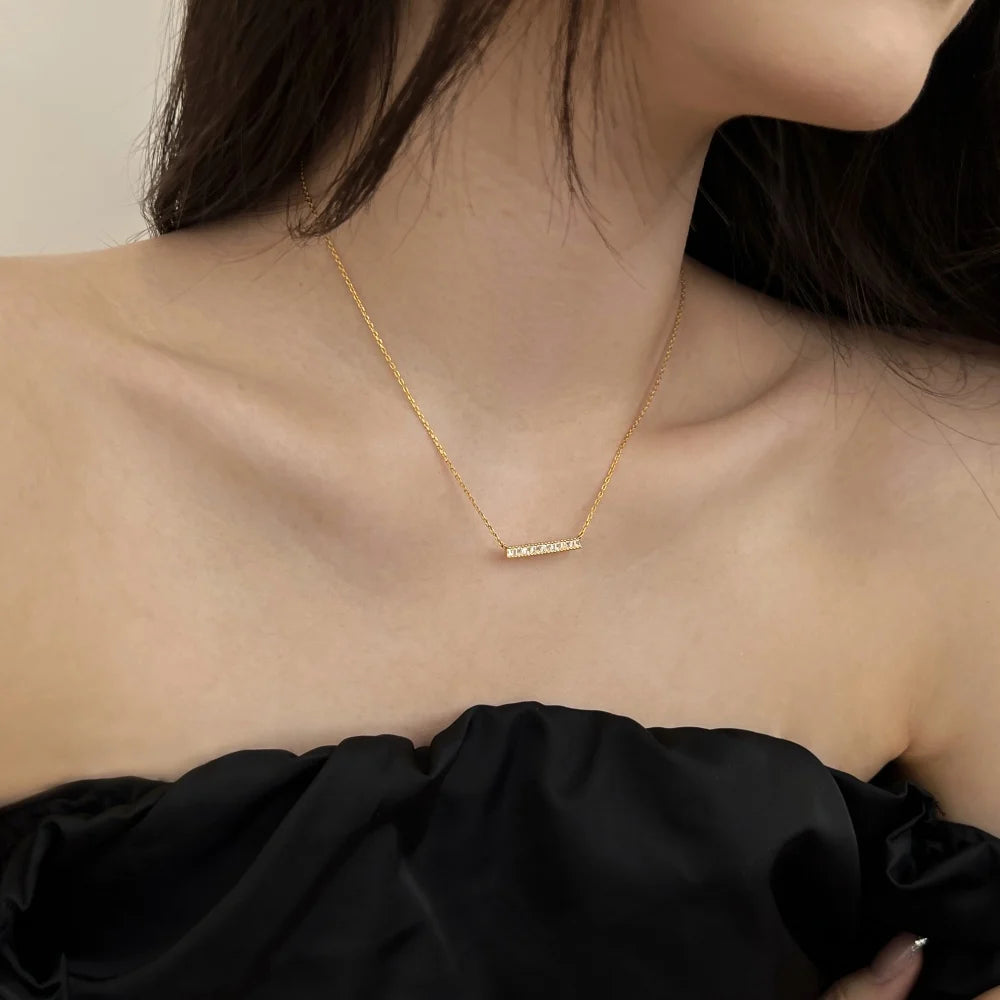 New Design 925 Silver Fine Jewelry 18K Gold Plated Rectangle Necklace Bling Cz Elegant Long Bar Pendant Necklaces for Women
